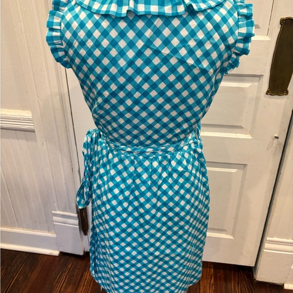 Kate Spade Blue Gingham Ruffle Tie Waist Lined Silk Designer Slimming Dress Sz 4 - Picture 4 of 11
